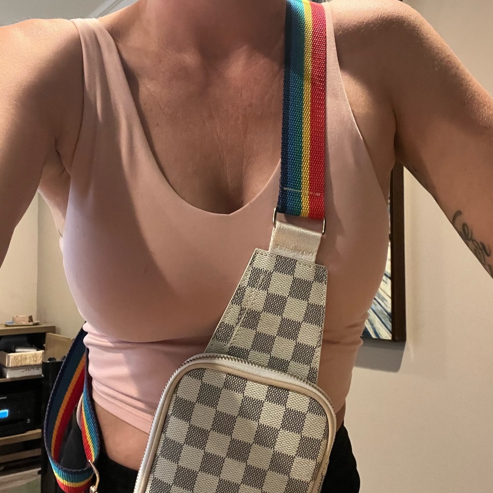 Stylish Checkered Crossbody Bag with Rainbow Strap Pride Fanny pack